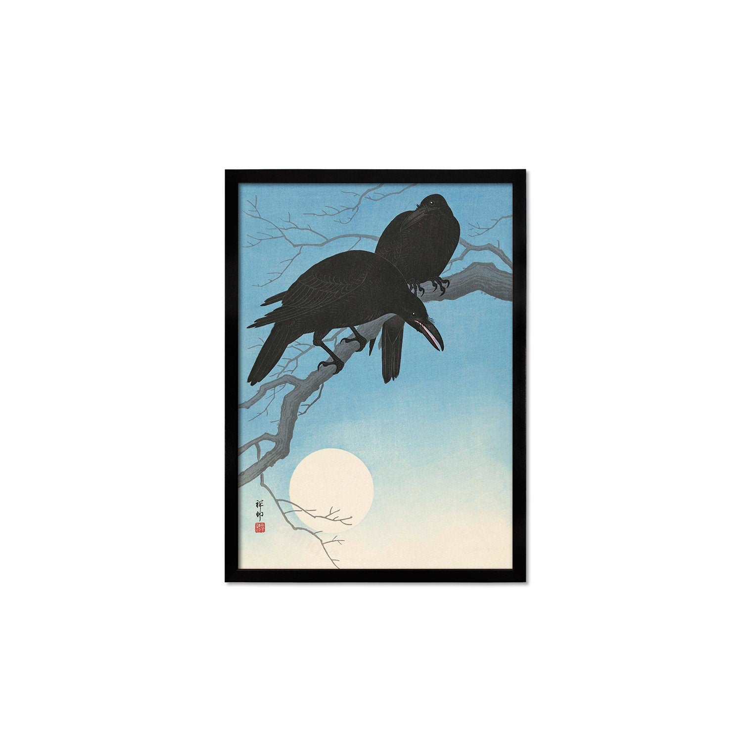 Japanese Art Two Crows Print Poster Woodblock Ukiyo-e Ohara Koson Shoson Raven Moon Bird Framed Mounted Wall Nature Landscape Elegant A3 A2