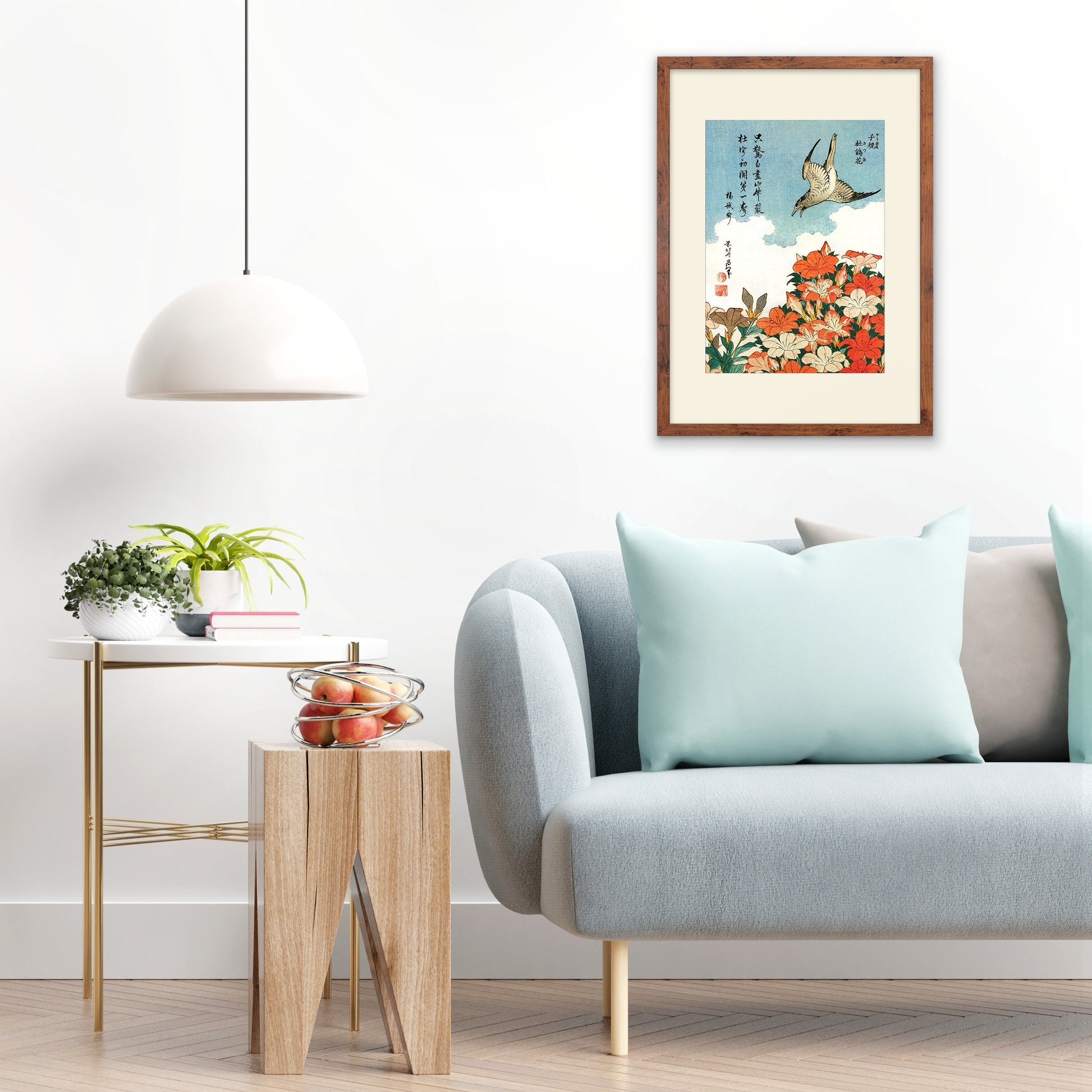 Japanese Art Framed Mounted Ukiyo-e Wall Decor Print Poster Woodblock Hokusai Flower Floral Azalea Cuckoo Bird Calligraphy Beautiful Haiku
