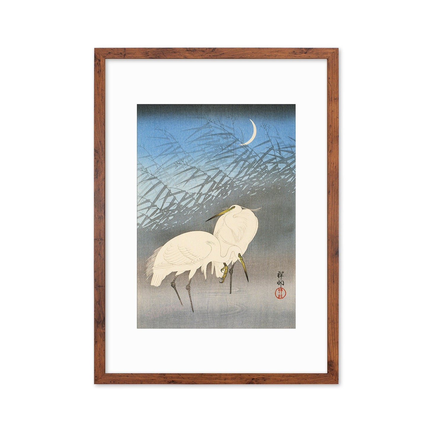 Japanese Art Egrets Cranes Framed Mounted Ukiyo-e Wall Decor Print Poster Woodblock Koson Shoson Heron Bird Calligraphy Beautiful Haiku Cute