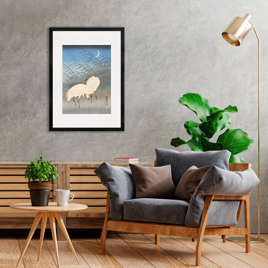 Japanese Art Egrets Cranes Framed Mounted Ukiyo-e Wall Decor Print Poster Woodblock Koson Shoson Heron Bird Calligraphy Beautiful Haiku Cute