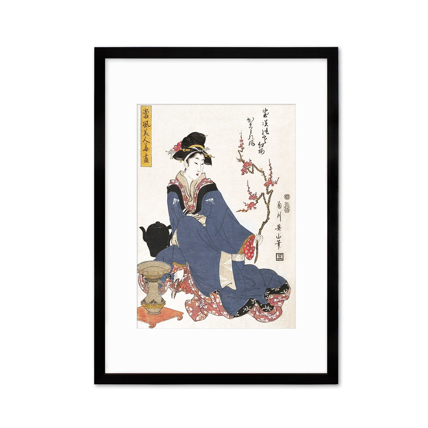 Japanese Art Geisha Blossoms Framed Mounted Ukiyo-e Wall Decor Print Poster Woodblock Maiko Bijin Kimono Flower Tattoo Calligraphy Beautiful