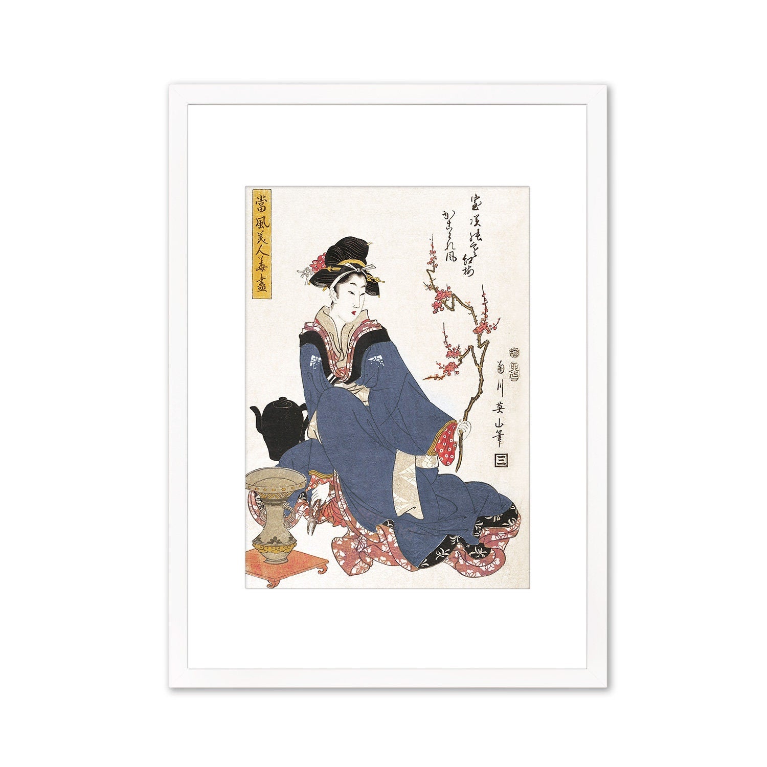 Japanese Art Geisha Blossoms Framed Mounted Ukiyo-e Wall Decor Print Poster Woodblock Maiko Bijin Kimono Flower Tattoo Calligraphy Beautiful