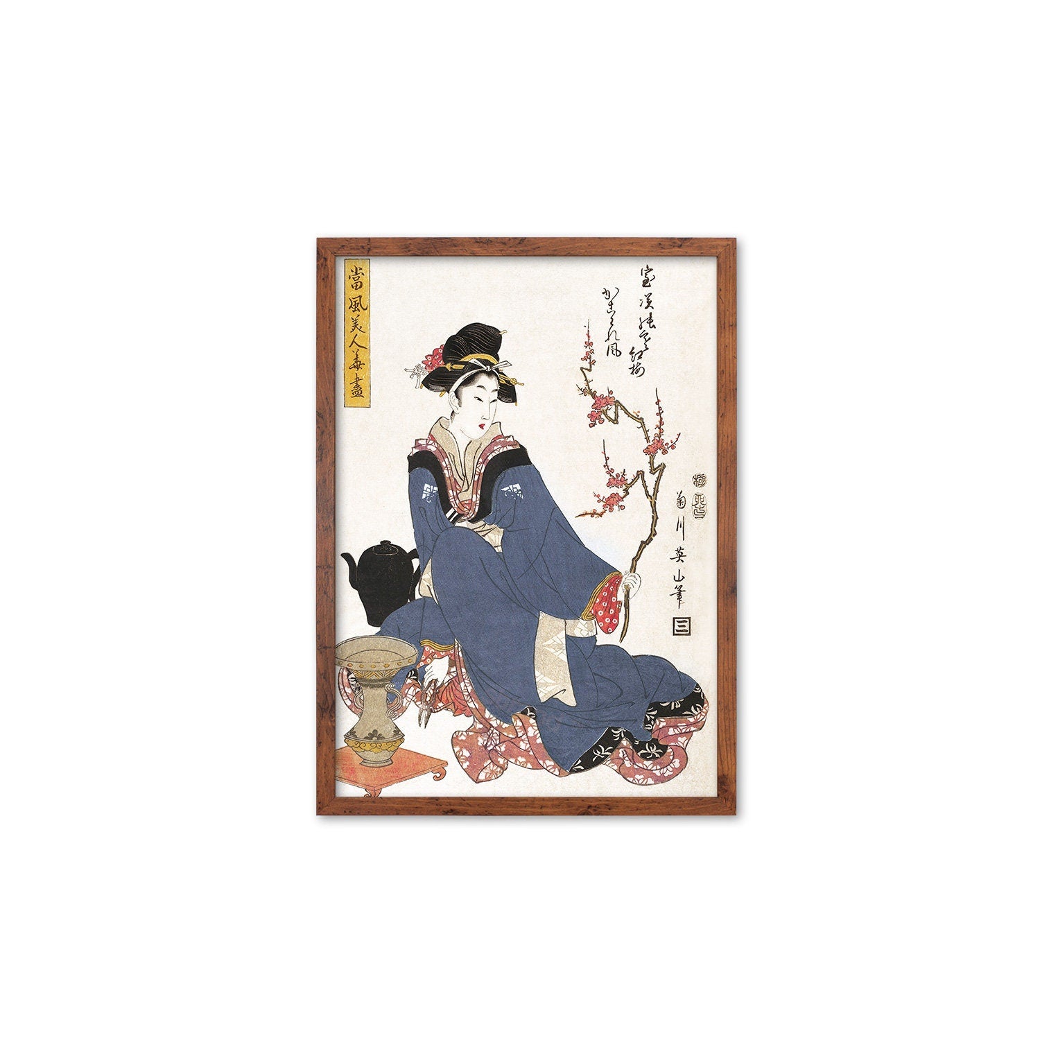 Japanese Art Geisha Blossoms Framed Mounted Ukiyo-e Wall Decor Print Poster Woodblock Maiko Bijin Kimono Flower Tattoo Calligraphy Beautiful