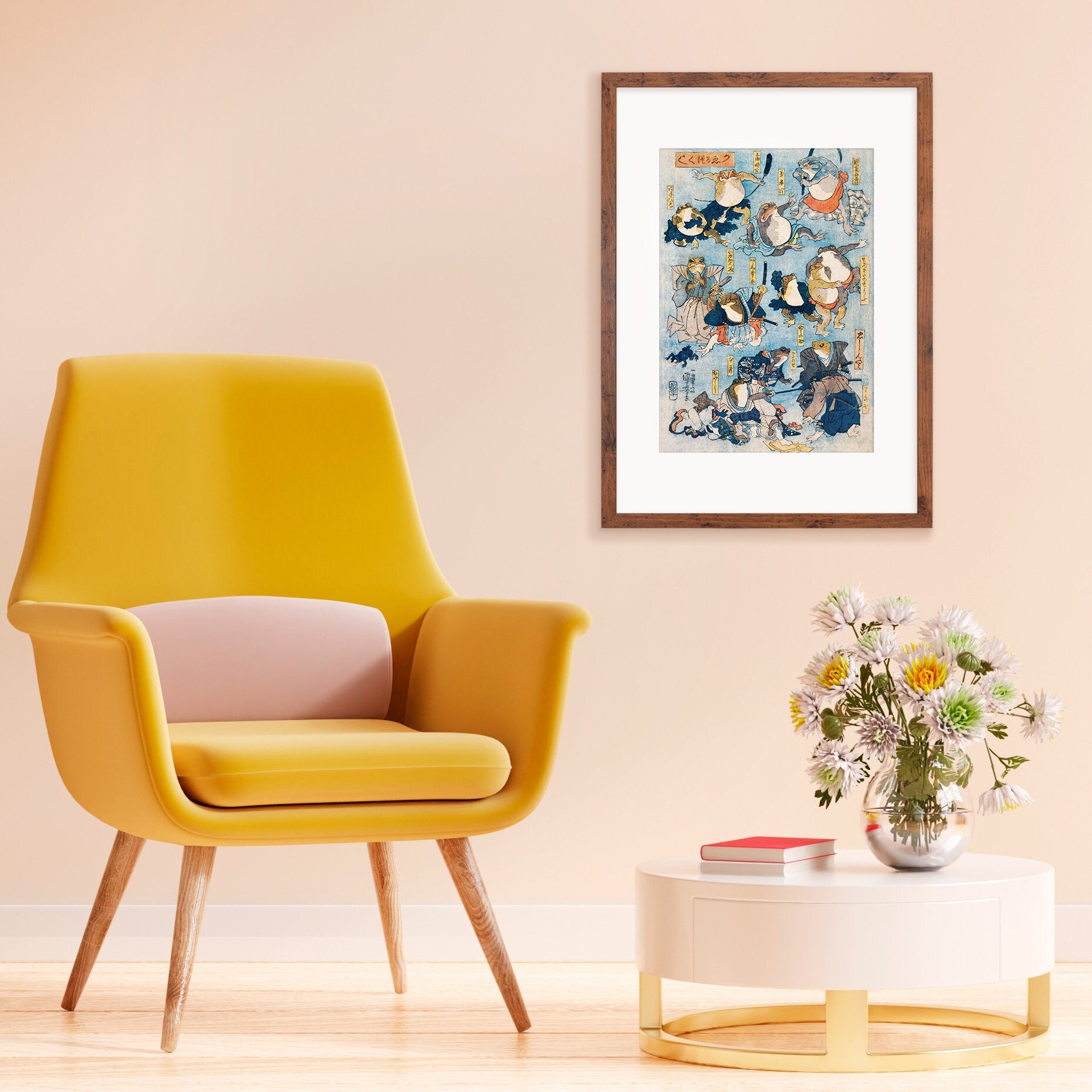 Japanese Art Frogs Print Poster Woodblock Ukiyo-e Framed Mounted Wall Utagawa Kuniyoshi Samurai Kabuki Toad Tattoo Cute Kawaii Calligraphy
