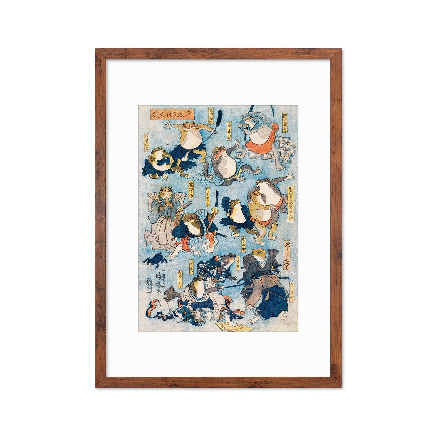 Japanese Art Frogs Print Poster Woodblock Ukiyo-e Framed Mounted Wall Utagawa Kuniyoshi Samurai Kabuki Toad Tattoo Cute Kawaii Calligraphy