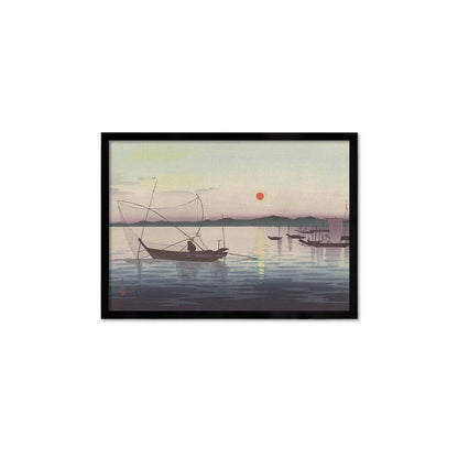 Japanese Art Sunset Ocean Framed Mounted Ukiyo-e Wall Decor Print Poster Woodblock Koson Shoson Boats & Setting Sun Sea Seascape Beautiful