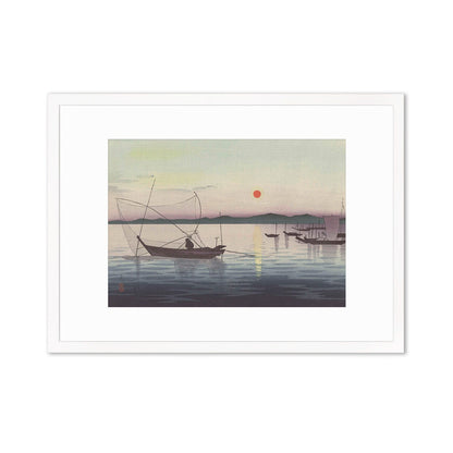 Japanese Art Sunset Ocean Framed Mounted Ukiyo-e Wall Decor Print Poster Woodblock Koson Shoson Boats & Setting Sun Sea Seascape Beautiful