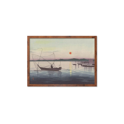 Japanese Art Sunset Ocean Framed Mounted Ukiyo-e Wall Decor Print Poster Woodblock Koson Shoson Boats & Setting Sun Sea Seascape Beautiful
