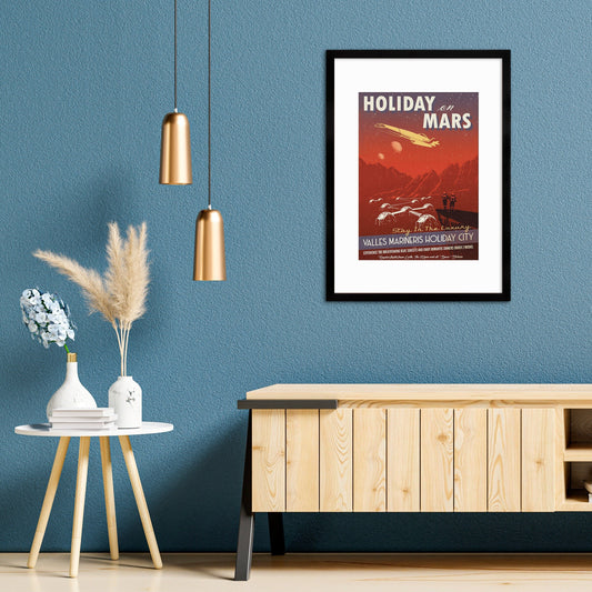 Planet Mars Art Framed Mounted Wall Decor Print Vintage Retro Space Flight Travel Poster Science Sci Fi Astronomy Cosmos Solar System Moon