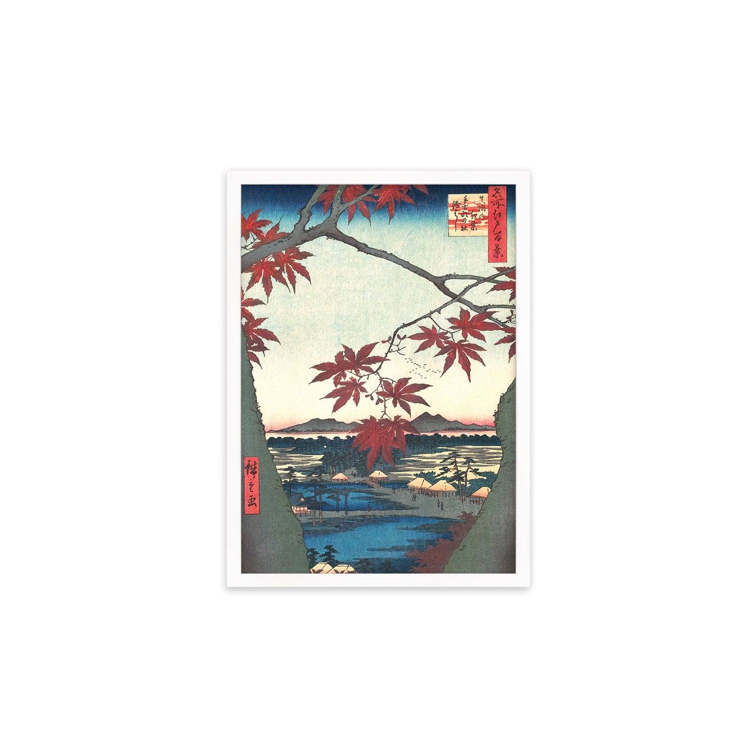 Japanese Art Hiroshige Print Poster Woodblock Ukiyo-e Framed Mounted Wall Maples At Mama Trees Leaves Landscape Autumn Japan Calligraphy A2