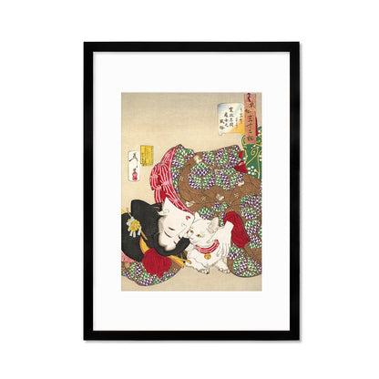 Japanese Art Geisha Cat Framed Mounted Ukiyo-e Wall Decor Print Poster Woodblock Yoshitoshi Kyoto Maiko Neko Kimono Tattoo Cute Beautiful A2