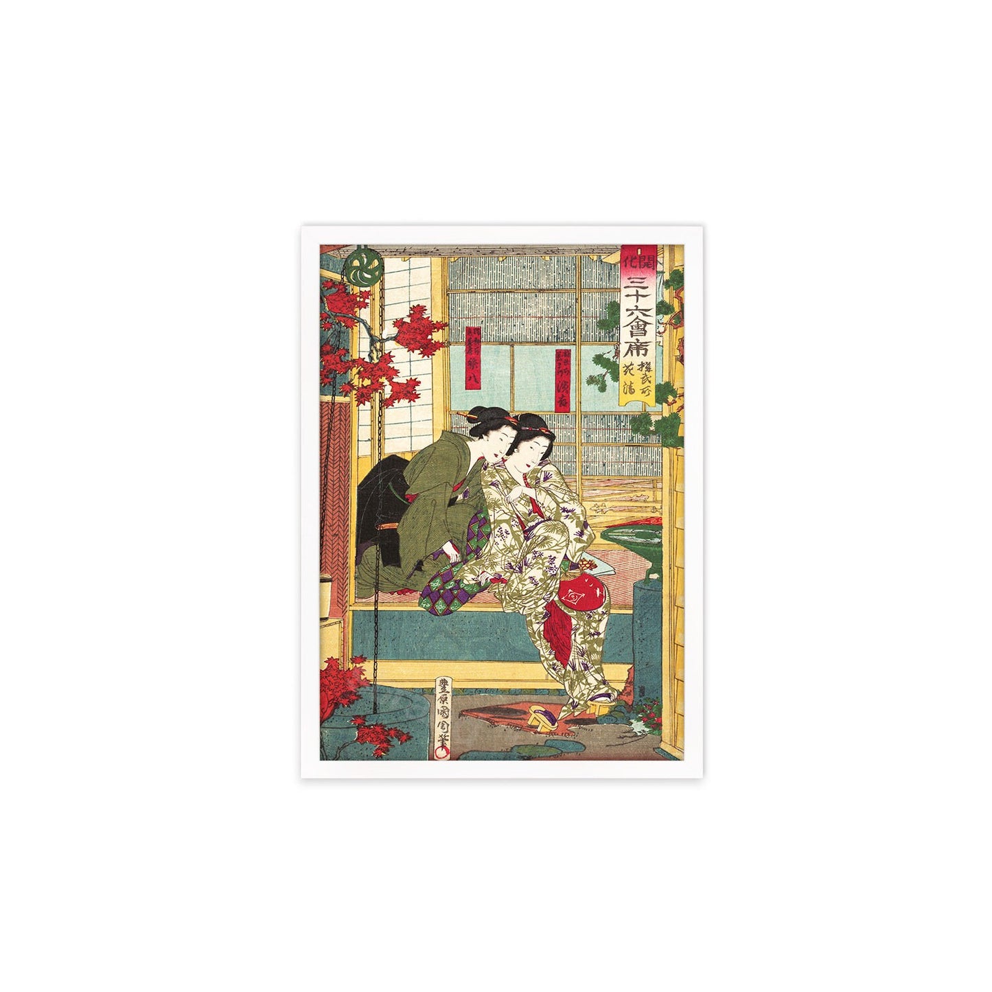 Japanese Art Geisha Maiko Framed Mounted Ukiyo-e Wall Decor Print Poster Woodblock Toyohara Kunichika Bijin Tea House Beautiful Calligraphy