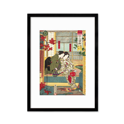 Japanese Art Geisha Maiko Framed Mounted Ukiyo-e Wall Decor Print Poster Woodblock Toyohara Kunichika Bijin Tea House Beautiful Calligraphy
