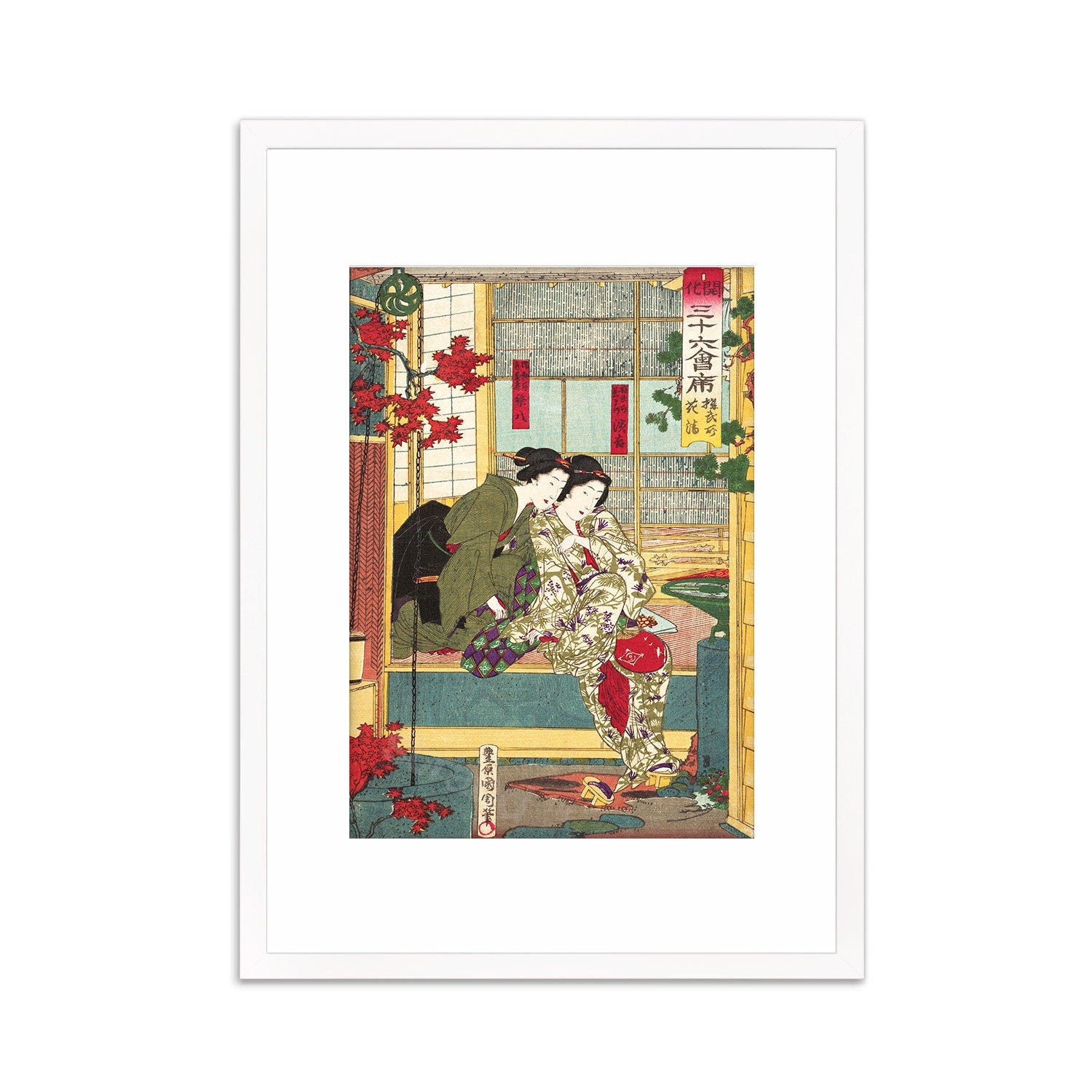 Japanese Art Geisha Maiko Framed Mounted Ukiyo-e Wall Decor Print Poster Woodblock Toyohara Kunichika Bijin Tea House Beautiful Calligraphy