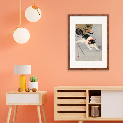 Japanese Art Cat Framed Mounted Ukiyo-e Wall Decor Print Poster Woodblock Koson Shoson Kitten and Lantern Neko Cute Kawaii Pretty Beautiful