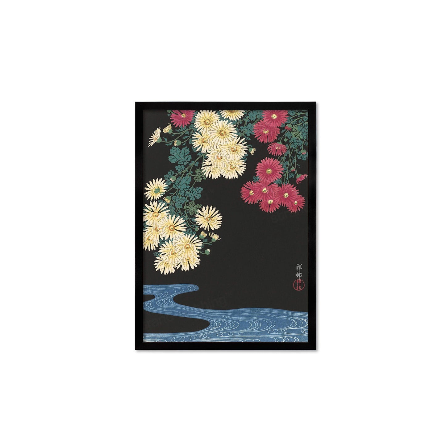 Japanese Art Chrysanthemums Framed Mounted Ukiyo-e Wall Decor Print Poster Woodblock Koson Shoson Flowers and Running Water Beautiful Japan