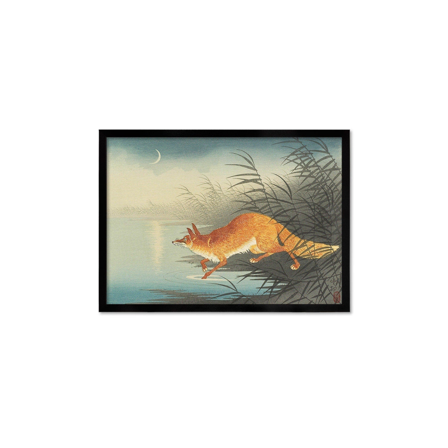 Japanese Art Fox Kitsune Framed Mounted Ukiyo-e Wall Decor Print Poster Woodblock Koson Shoson Moon Beautiful Japan Calligraphy Nature Calm