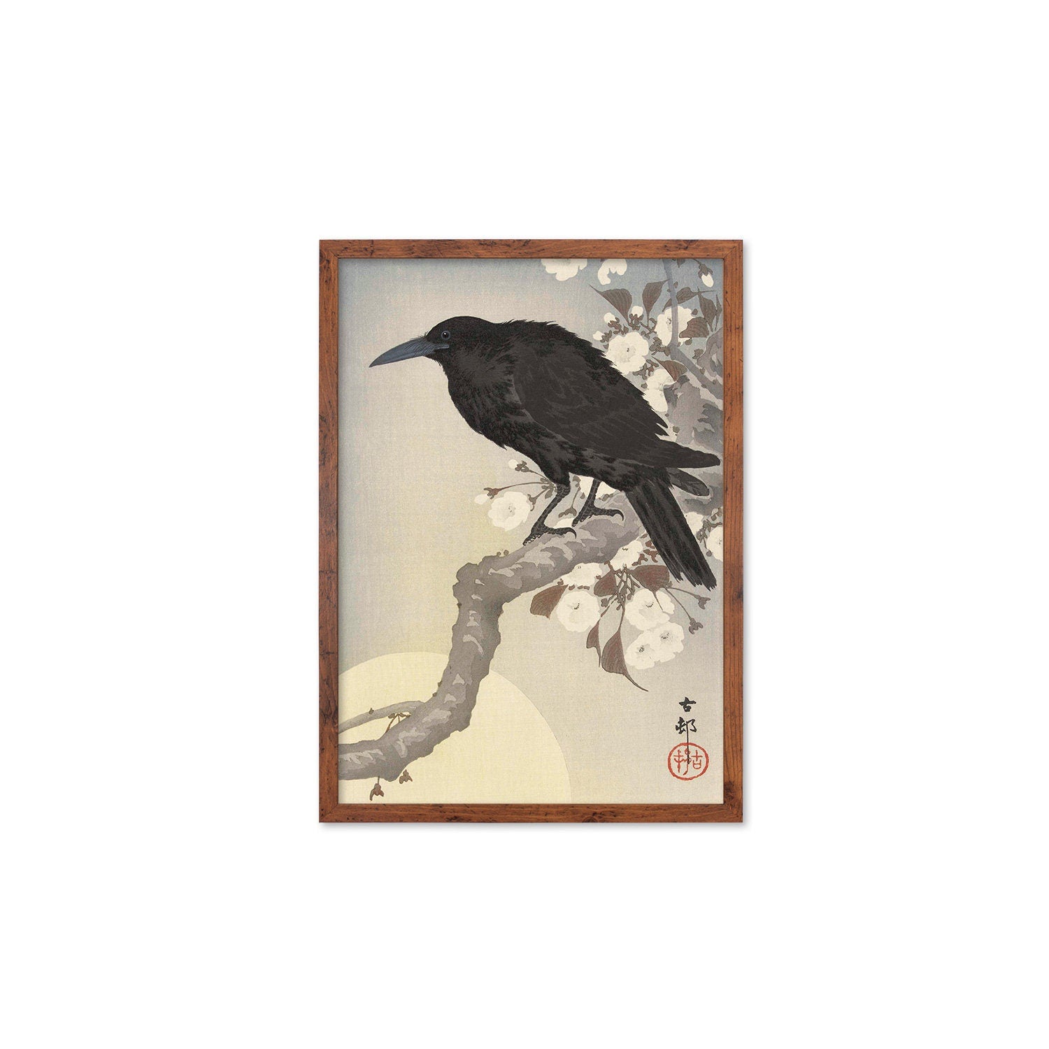 Japanese Art Crow Full Moon Print Poster Woodblock Ukiyo-e Ohara Koson Shoson Raven Bird Framed Mounted Wall Nature Landscape Elegant A3 A2