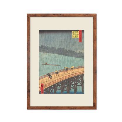 Japanese Art Rain Print Poster Woodblock Ukiyo-e Framed Mounted Wall Hiroshige Sudden Shower over Shin-Ohashi Bridge and Atake Calligraphy