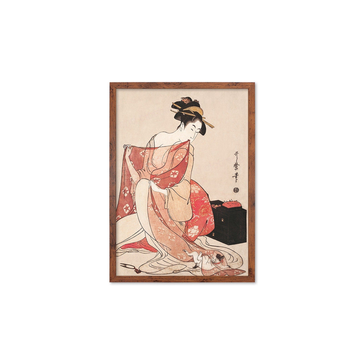 Japanese Art Geisha Cat Framed Mounted Ukiyo-e Wall Decor Print Poster Woodblock Kitagawa Utamaro Maiko Neko Kimono Tattoo Cute Beautiful A2