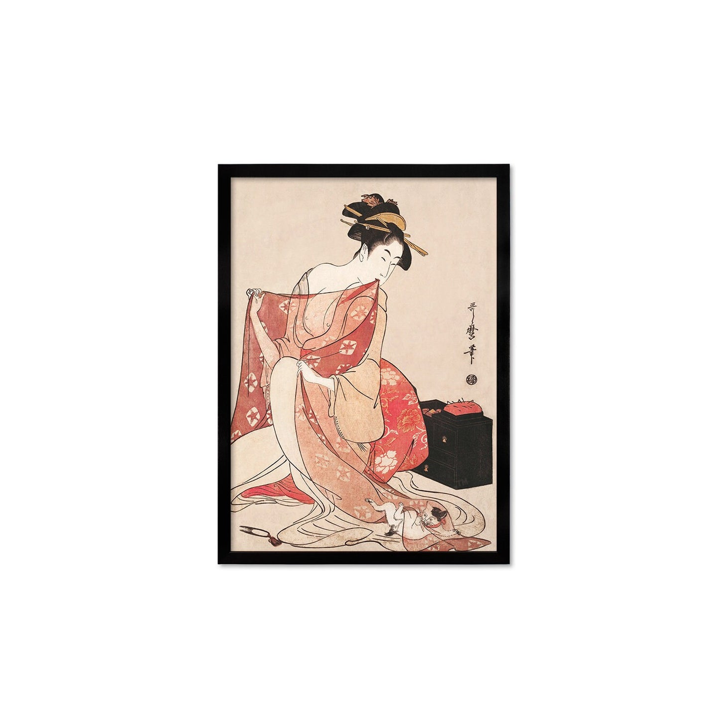 Japanese Art Geisha Cat Framed Mounted Ukiyo-e Wall Decor Print Poster Woodblock Kitagawa Utamaro Maiko Neko Kimono Tattoo Cute Beautiful A2