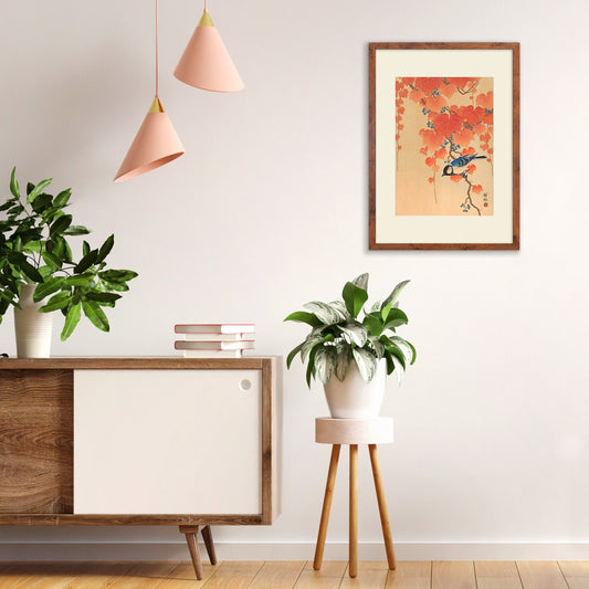 Japanese Art Great Tit Maple Print Poster Woodblock Ukiyo-e Ohara Koson Shoson Leaves Ivy Paulownia Bird Beautiful Aesthetic Kacho-e A3 A2