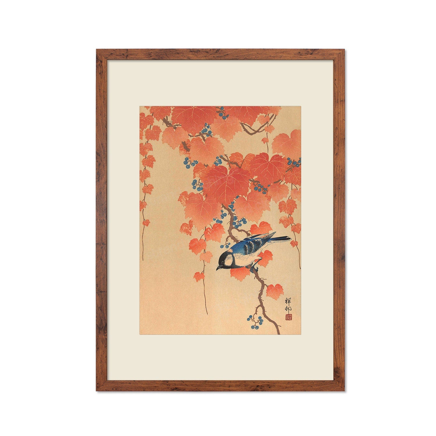 Japanese Art Great Tit Maple Print Poster Woodblock Ukiyo-e Ohara Koson Shoson Leaves Ivy Paulownia Bird Beautiful Aesthetic Kacho-e A3 A2