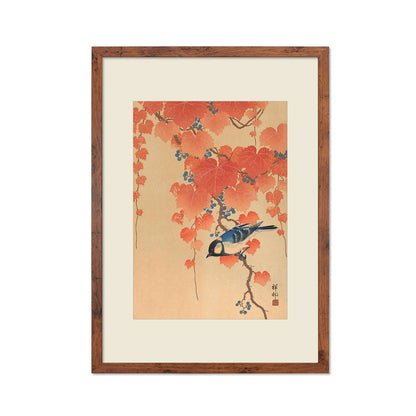 Japanese Art Great Tit Maple Print Poster Woodblock Ukiyo-e Ohara Koson Shoson Leaves Ivy Paulownia Bird Beautiful Aesthetic Kacho-e A3 A2