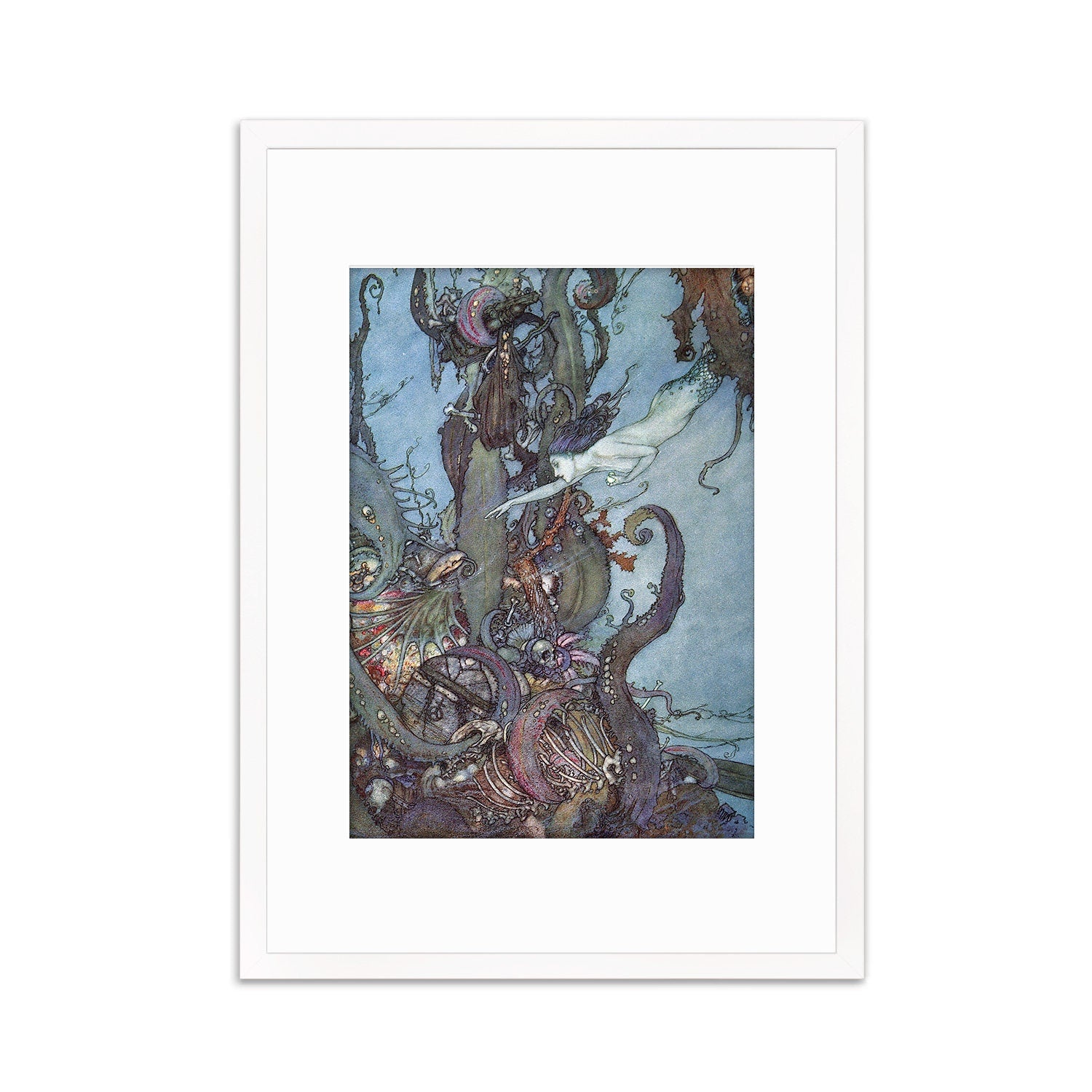Mermaid Vintage Art Print Poster Wall Framed Mounted Antique Book Quirky Illustration Fairy Tale Edmund Dulac Sea Victorian Princess Pretty