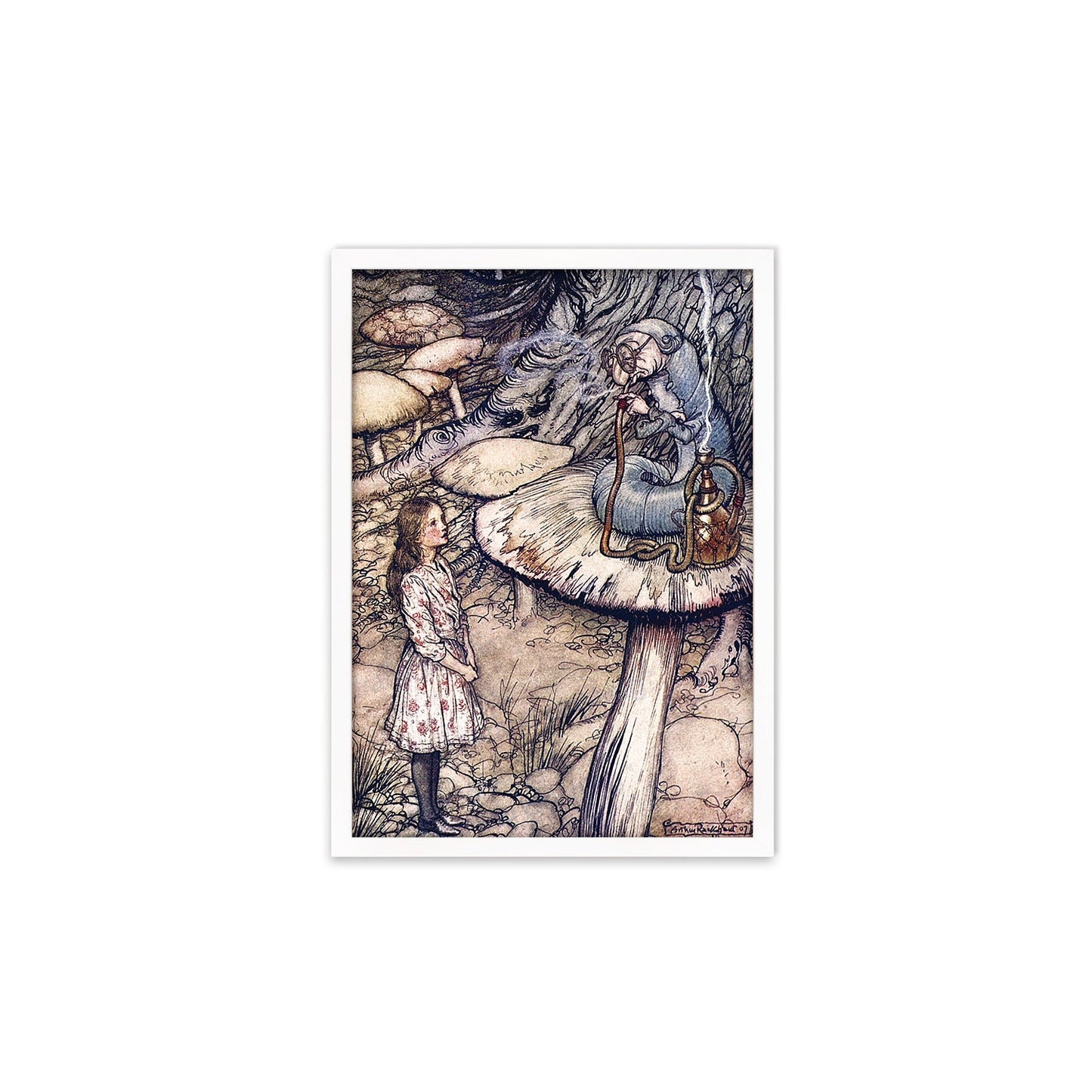 Alice In Wonderland Framed Art Print Poster Wall Mounted Antique Book Illustration Caterpillar Mushroom Arthur Rackham Victorian Cute Quirky