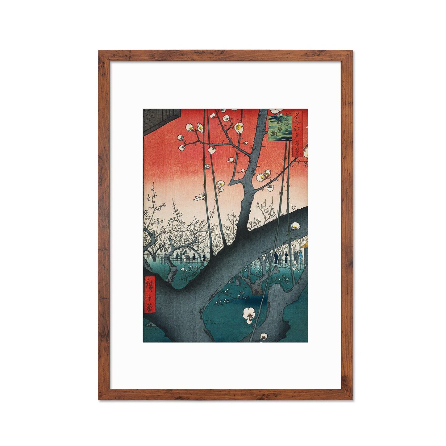 Japanese Blossoms Art Framed Mounted Ukiyo-e Wall Decor Print Poster Woodblock Hiroshige Ando Kameido Plum Park Garden Landscape Calligraphy