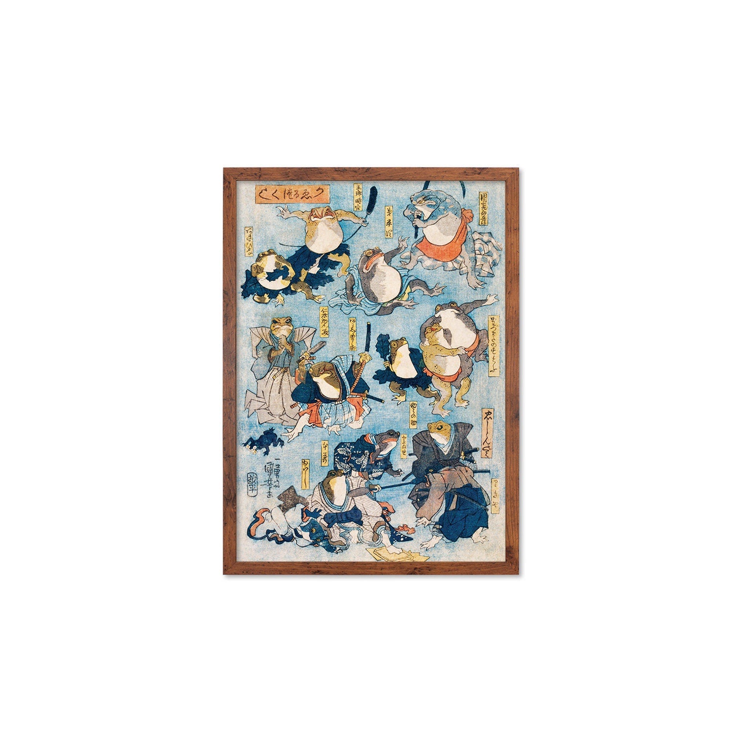 Japanese Art Frogs Print Poster Woodblock Ukiyo-e Framed Mounted Wall Utagawa Kuniyoshi Samurai Kabuki Toad Tattoo Cute Kawaii Calligraphy