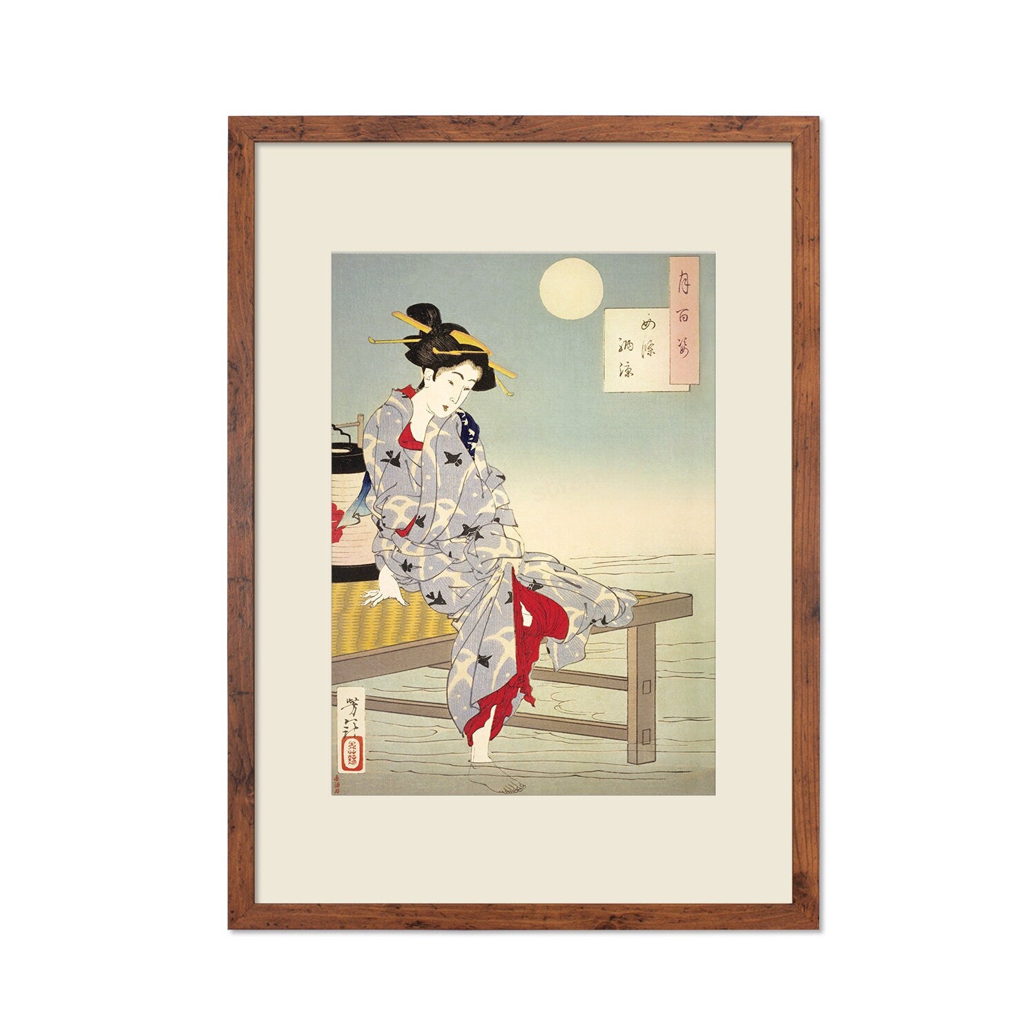 Japanese Art Geisha Framed Mounted Ukiyo-e Wall Decor Print Poster Woodblock Tsukioka Yoshitoshi Maiko Bijin Kimono Beautiful Pretty A2 A3