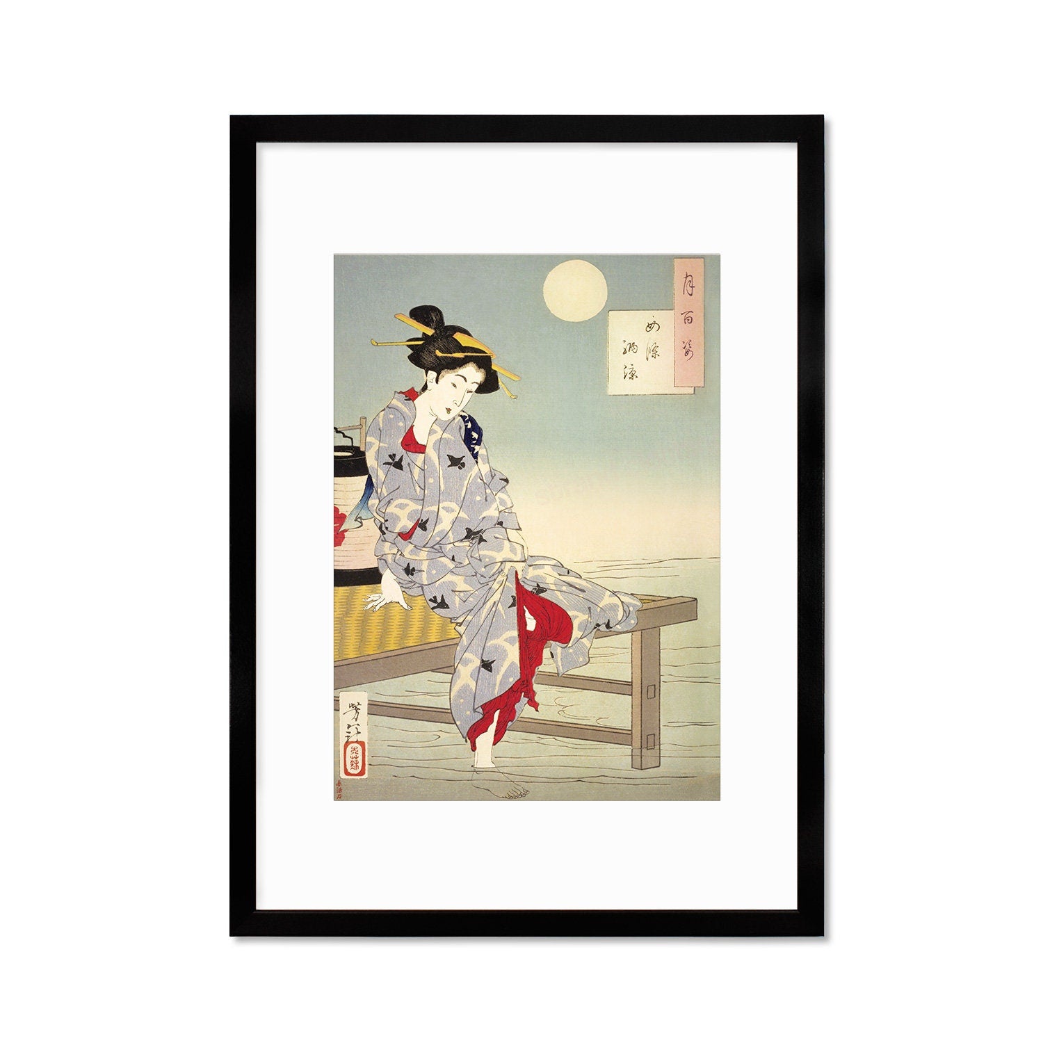 Japanese Art Geisha Framed Mounted Ukiyo-e Wall Decor Print Poster Woodblock Tsukioka Yoshitoshi Maiko Bijin Kimono Beautiful Pretty A2 A3