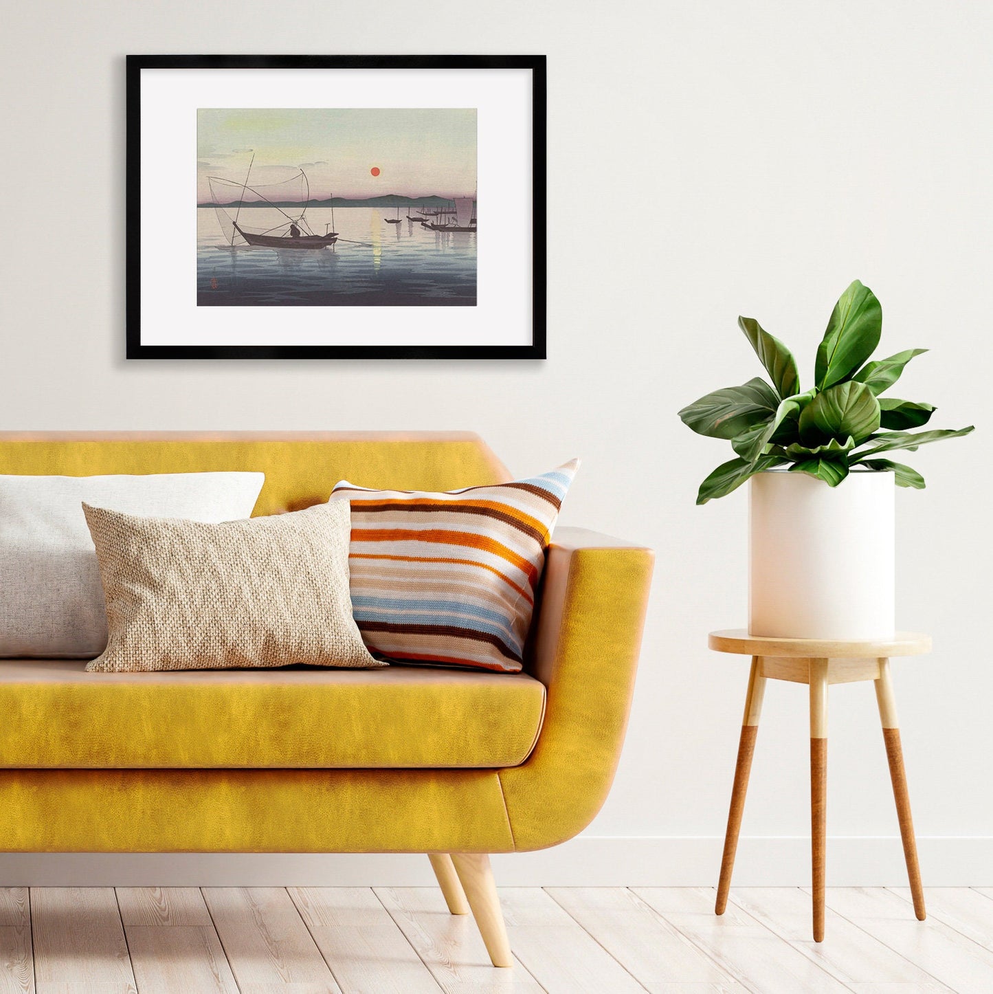 Japanese Art Sunset Ocean Framed Mounted Ukiyo-e Wall Decor Print Poster Woodblock Koson Shoson Boats & Setting Sun Sea Seascape Beautiful