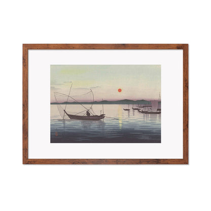 Japanese Art Sunset Ocean Framed Mounted Ukiyo-e Wall Decor Print Poster Woodblock Koson Shoson Boats & Setting Sun Sea Seascape Beautiful