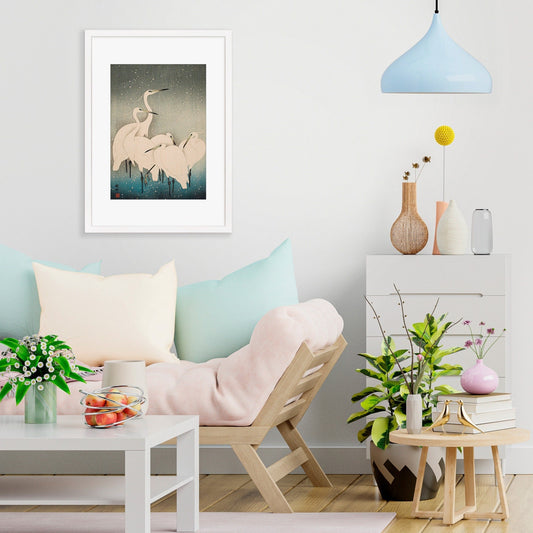 Japanese Art Egrets Cranes Framed Mounted Ukiyo-e Wall Decor Print Poster Woodblock Koson Shoson Heron Bird Calligraphy Beautiful Haiku Snow