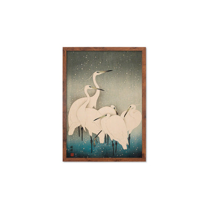 Japanese Art Egrets Cranes Framed Mounted Ukiyo-e Wall Decor Print Poster Woodblock Koson Shoson Heron Bird Calligraphy Beautiful Haiku Snow
