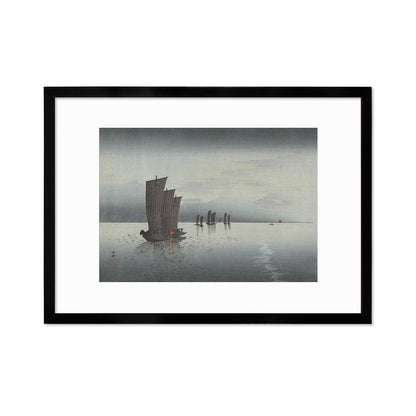 Japanese Art Sunset Sails Framed Mounted Ukiyo-e Wall Decor Print Poster Woodblock Koson Shoson Boats Night Yacht Ship Sea Ocean Beautiful