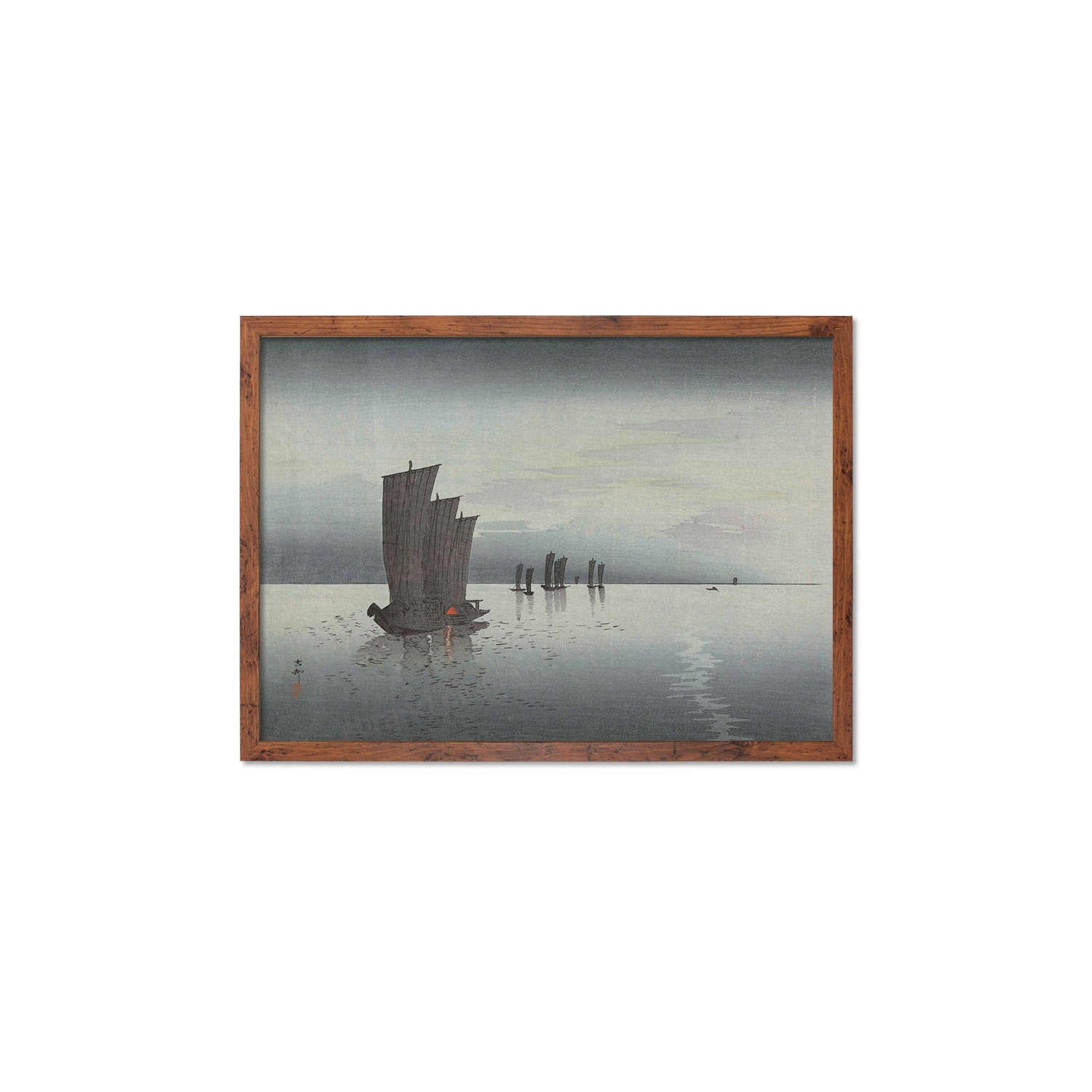 Japanese Art Sunset Sails Framed Mounted Ukiyo-e Wall Decor Print Poster Woodblock Koson Shoson Boats Night Yacht Ship Sea Ocean Beautiful