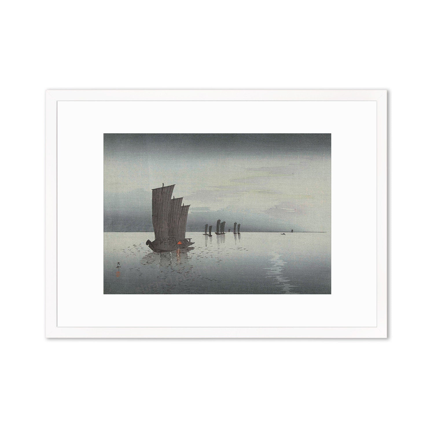 Japanese Art Sunset Sails Framed Mounted Ukiyo-e Wall Decor Print Poster Woodblock Koson Shoson Boats Night Yacht Ship Sea Ocean Beautiful