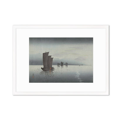 Japanese Art Sunset Sails Framed Mounted Ukiyo-e Wall Decor Print Poster Woodblock Koson Shoson Boats Night Yacht Ship Sea Ocean Beautiful