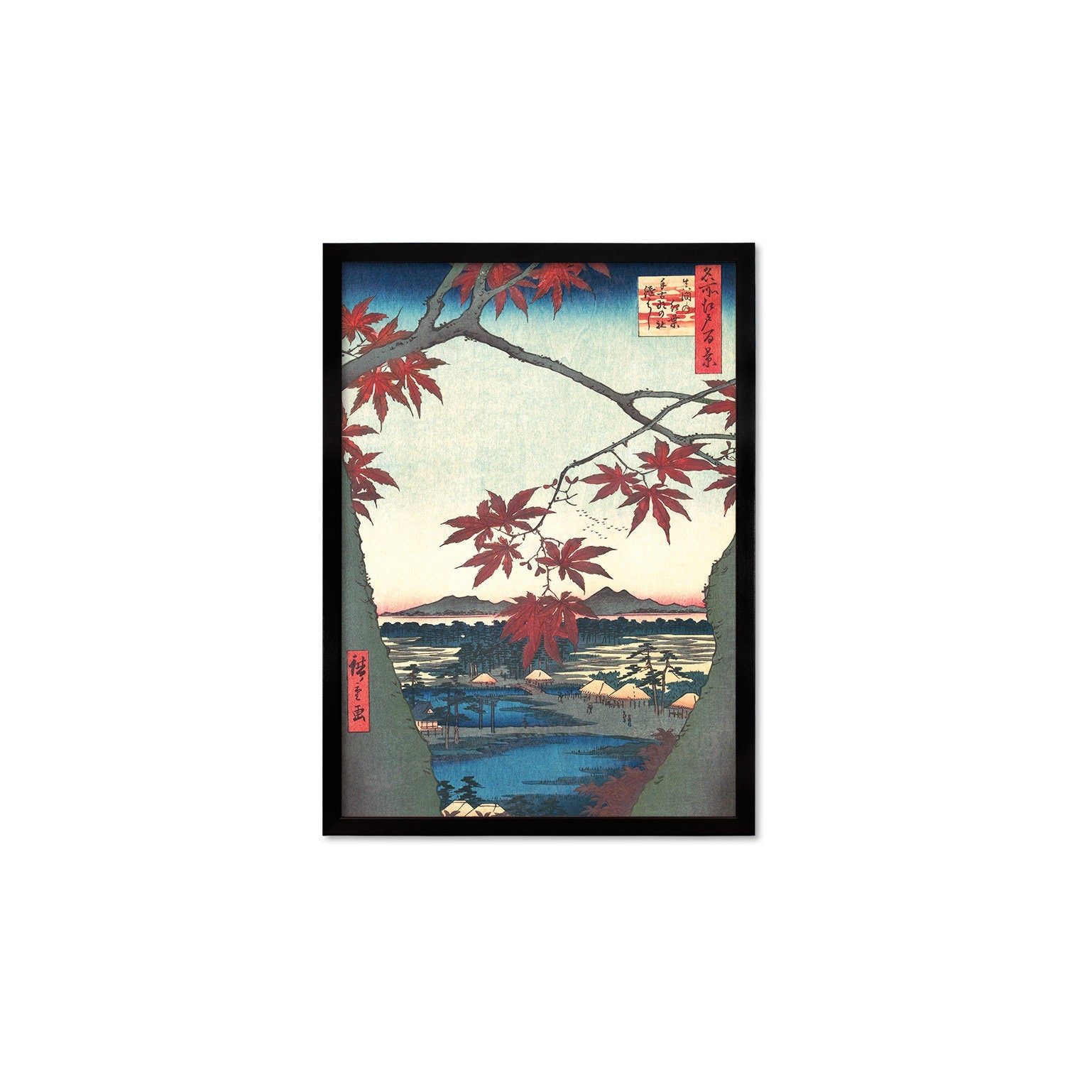 Japanese Art Hiroshige Print Poster Woodblock Ukiyo-e Framed Mounted Wall Maples At Mama Trees Leaves Landscape Autumn Japan Calligraphy A2