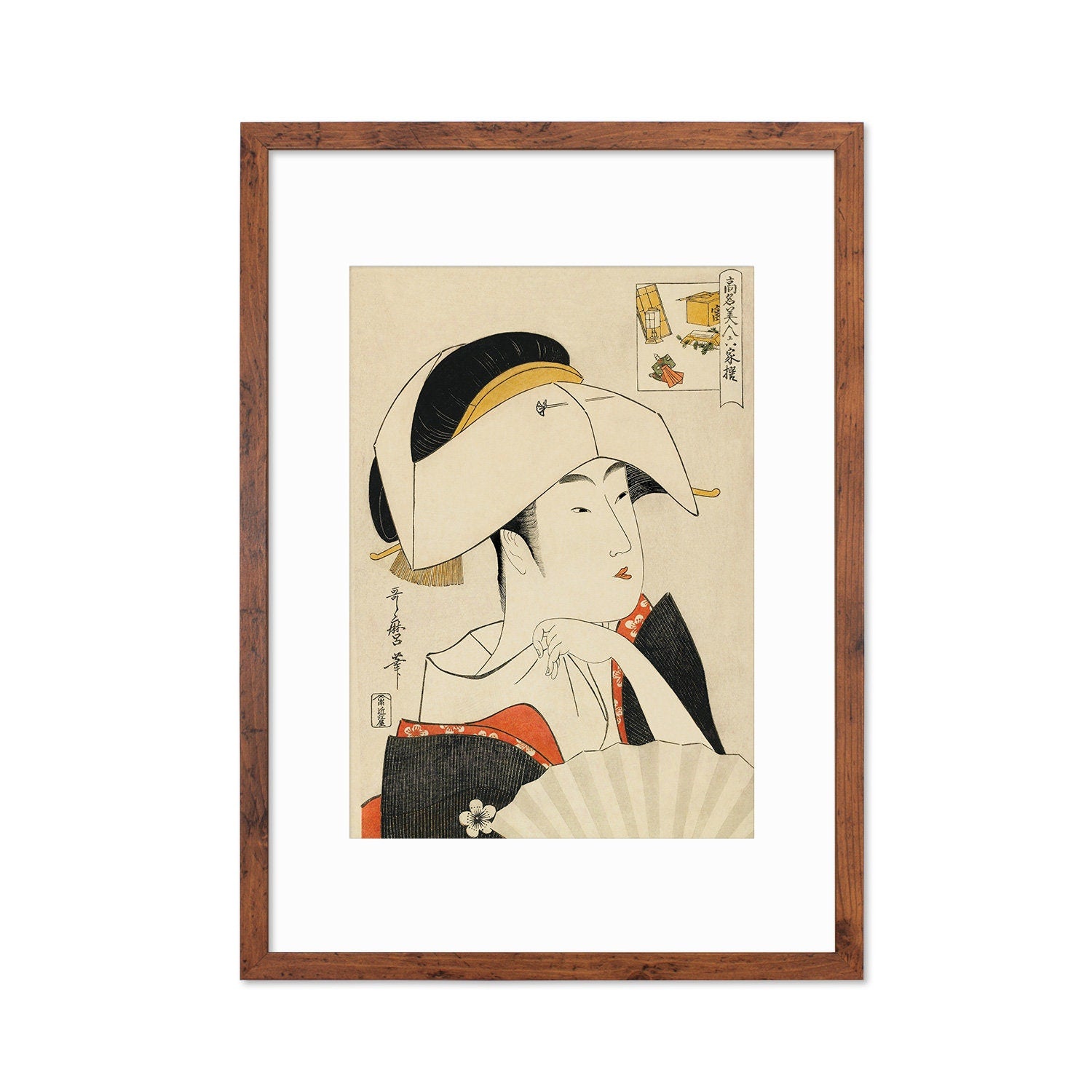 Japanese Art Geisha Framed Mounted Ukiyo-e Wall Decor Print Poster Woodblock Kitagawa Utamaro Maiko Tayu Oiran Kimono Tattoo Beautiful