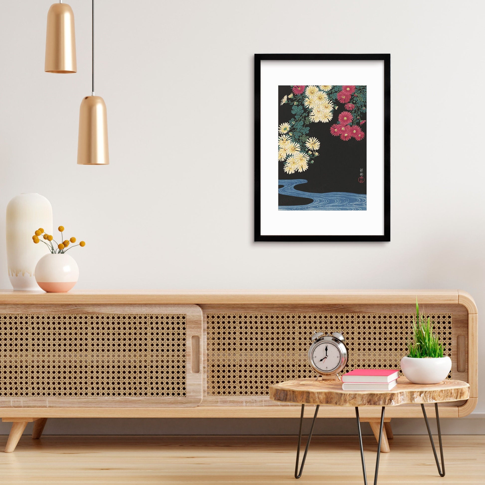 Japanese Art Chrysanthemums Framed Mounted Ukiyo-e Wall Decor Print Poster Woodblock Koson Shoson Flowers and Running Water Beautiful Japan
