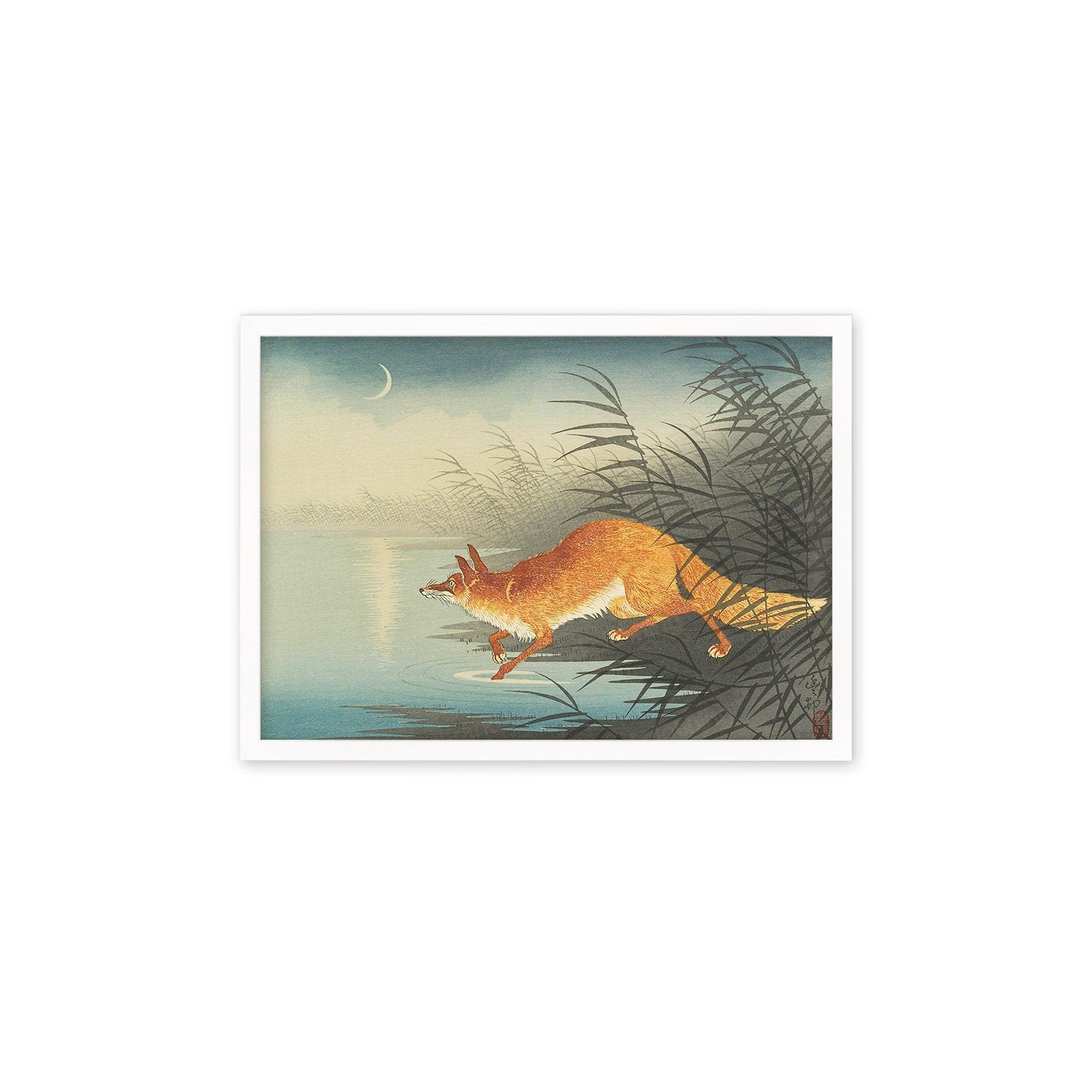 Japanese Art Fox Kitsune Framed Mounted Ukiyo-e Wall Decor Print Poster Woodblock Koson Shoson Moon Beautiful Japan Calligraphy Nature Calm
