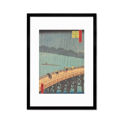 Japanese Art Rain Print Poster Woodblock Ukiyo-e Framed Mounted Wall Hiroshige Sudden Shower over Shin-Ohashi Bridge and Atake Calligraphy