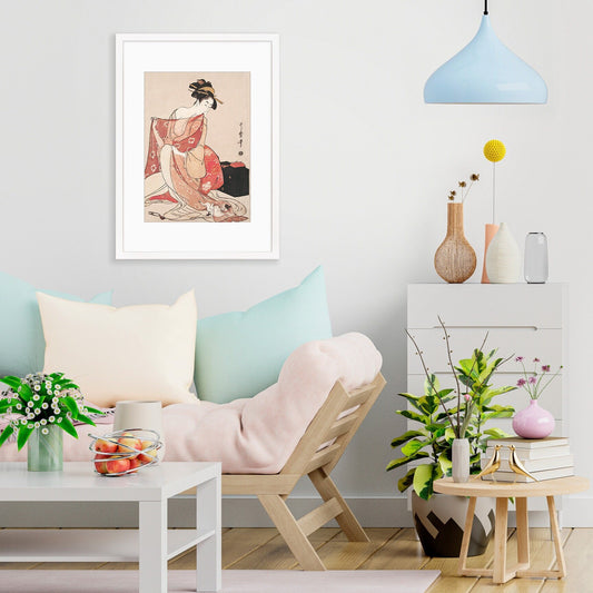 Japanese Art Geisha Cat Framed Mounted Ukiyo-e Wall Decor Print Poster Woodblock Kitagawa Utamaro Maiko Neko Kimono Tattoo Cute Beautiful A2