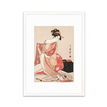 Japanese Art Geisha Cat Framed Mounted Ukiyo-e Wall Decor Print Poster Woodblock Kitagawa Utamaro Maiko Neko Kimono Tattoo Cute Beautiful A2