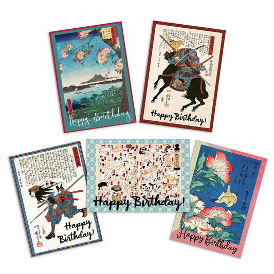 Happy Birthday Japanese Ukiyo-e Art Greeting Cards Card Set of 5 Bundle Woodblock Print Aesthetic Hiroshige Kuniyoshi Samurai Bushido Flower